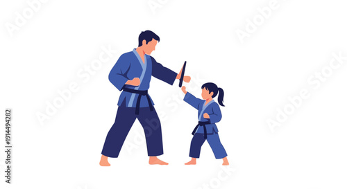 A man in a blue gi teaching a young girl martial arts with nunchaku, demonstrating a self-defense technique.