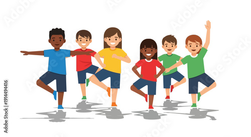 Diverse group of happy children practicing balance and yoga poses together.
