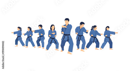 A diverse group of men and women practicing martial arts in blue uniforms with black belts, demonstrating various stances and techniques.