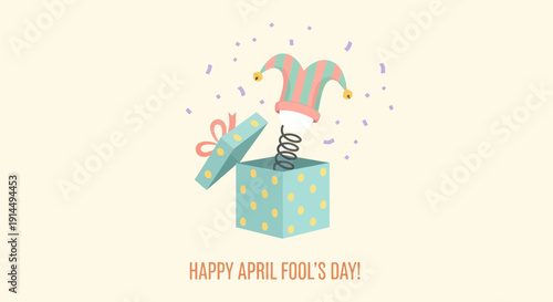 Playful jester's hat springs out of gift box on April Fool's Day
