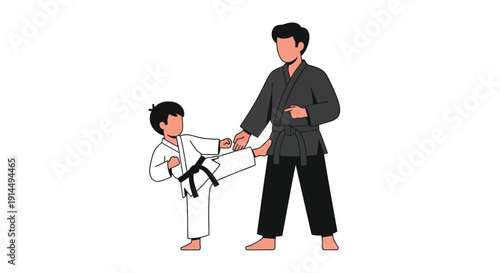 An adult martial arts instructor teaches a young boy how to perform a kick during a training session.