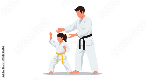 A male karate instructor with a black belt teaching a young girl with a yellow belt martial arts in a dojo setting.