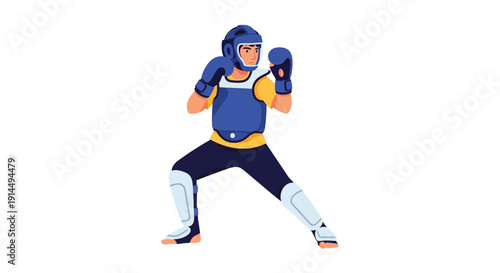 Illustration of a person in full blue and yellow martial arts protective gear, ready for combat or sparring practice.