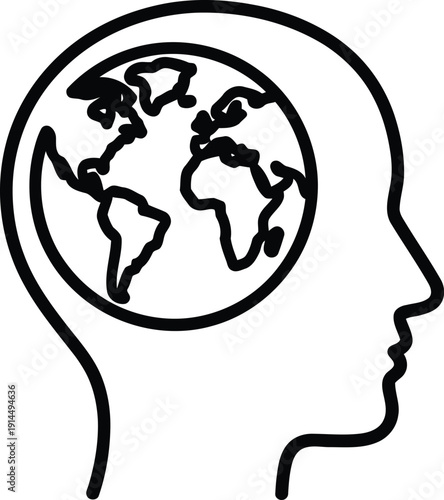 A simple line drawing of a person's head in profile with a globe inside the mind