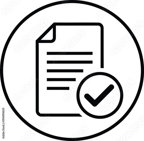 A simple line drawing of a document with a checkmark inside a circle, symbolizing approval or validation.