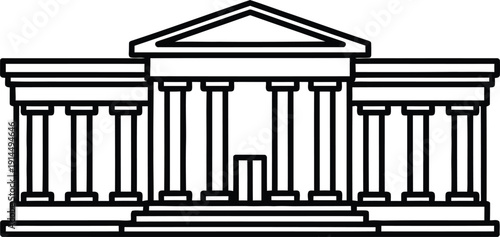A simple line drawing of a neoclassical building with columns and a triangular roof.