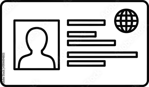 A simple line drawing of an identification card with a person's profile and globe icon.