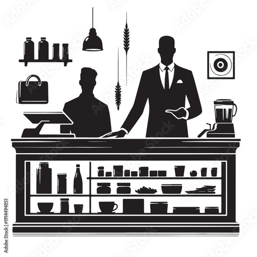 Black Shopkeeper selling  Silhouette Vector, High Quality Illustration on White Background