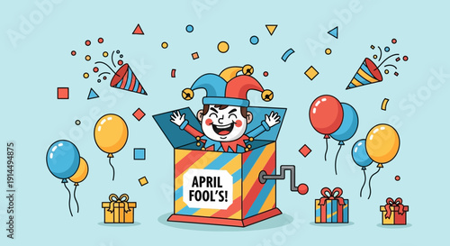 Playful jester popping out of colorful box on April Fool's Day