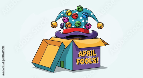 Colorful jester hat emerges from box on April Fools' Day