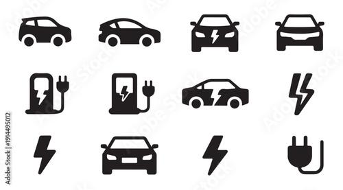 Electric vehicle icons set of car silhouettes charging station symbols and power plug sign