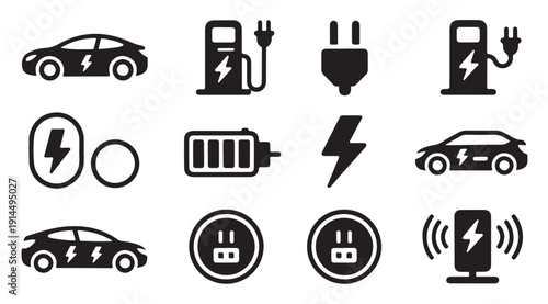 Sustainable energy transportation icons featuring electric car models and charging solutions