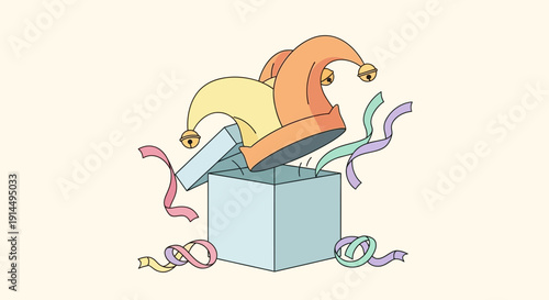 Jester hats emerging from a colorful gift box with ribbons