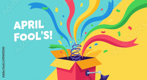 Vibrant April Fool's Day celebration with colorful confetti and surprise box