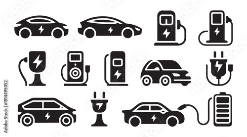 Electric mobility vector graphics showing various car body styles and charging dock systems