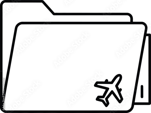 A simple line drawing of a folder with an airplane icon on it, possibly representing travel documents.