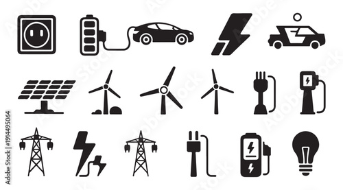 Renewable energy infrastructure icons including wind turbines solar panels and power towers