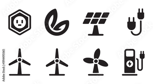 Green energy source icons showcasing wind power solar technology and electric vehicle charge