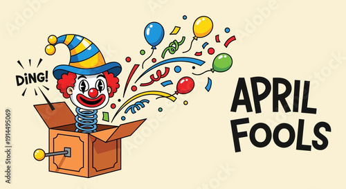 Playful clown popping out of a jack-in-the-box on April Fools' Day