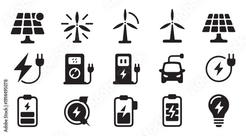 Clean energy and electric vehicle charging station icon set, charging electric car battery