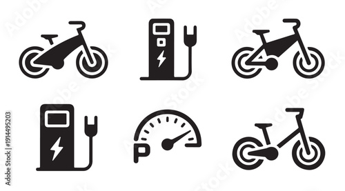Eco friendly electric bike and charging station icons for sustainable urban mobility design