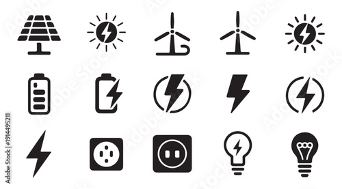 Solar, wind, and battery power icons for renewable energy concepts in black and white silhouette