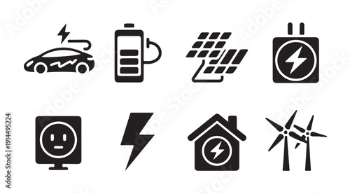 Electric vehicle charging and renewable energy icons in black and white silhouette for design