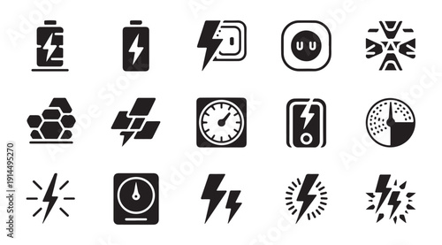Energy icons set with batteries solar panels lightning bolts and power outlets