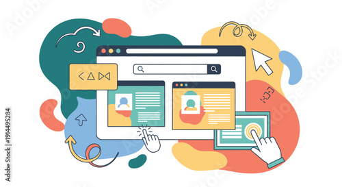 Website interface with multiple user profiles and search bar in colorful abstract background