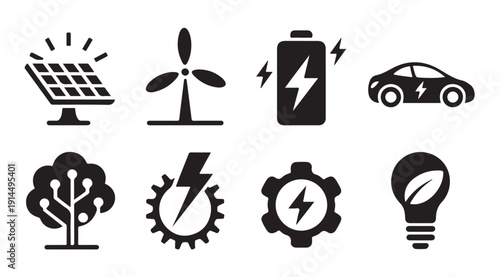 Set of renewable energy and technology icons solar panel wind turbine battery car