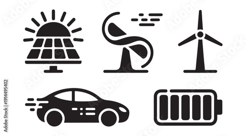 Collection of eco energy icons solar panel wind turbine electric car battery