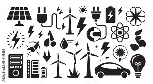 Diverse energy and technology icons solar panel battery electric car wind turbine