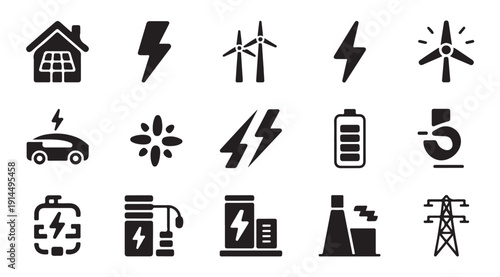 Renewable power icons featuring wind turbines factory towers and electrical voltage symbols