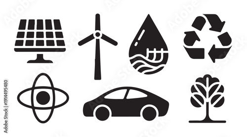 Eco friendly energy concepts with solar panels wind power hydro dams and recycling symbols