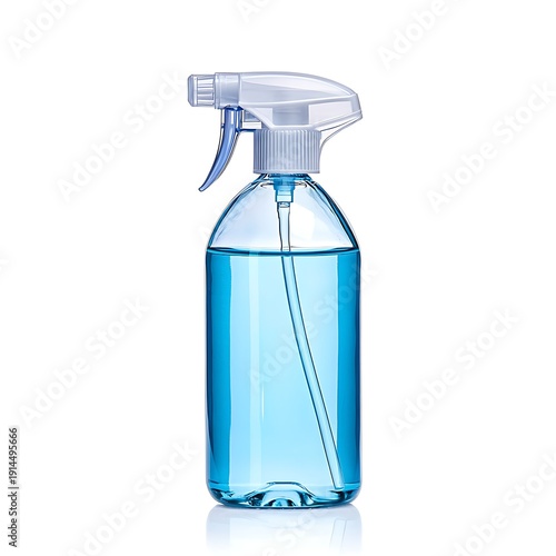 Blue Liquid in Clear Spray Bottle with Trigger Sprayer Isolated on White Background
