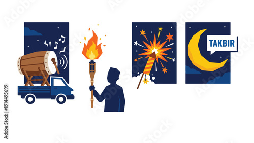 Takbiran Night Celebration and Parade Icon Set