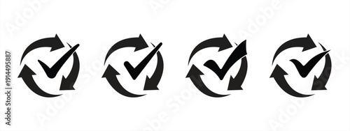 Update icon set featuring a rotating check mark and a refresh symbol. Industrial cycle concept. Vector illustration.