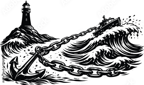 Lighthouse Anchor Chain Stormy Sea Vintage Nautical Illustration.