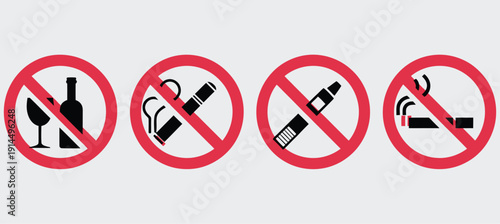 No smoking, vaping, or drinking signs set, warning and prohibition symbols for alcohol, cigarette, and electronic cigarette, forbidden signs for hospitals, public places