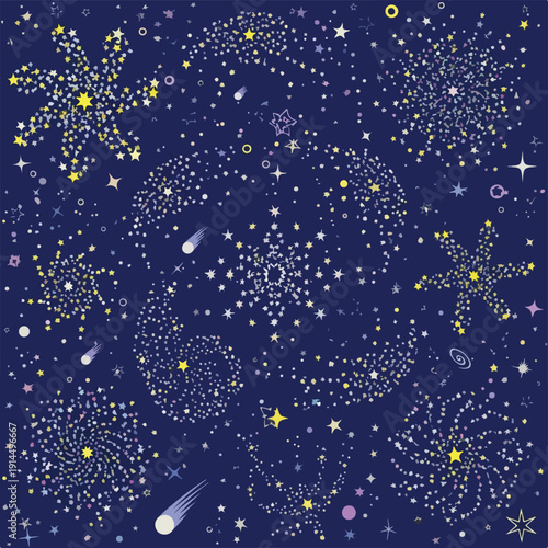 A dark blue sky filled with stars, comets, and swirling constellations