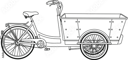 Cargo bicycle with delivery box trailer outline illustration, eco friendly transport concept, urban logistics vehicle line art vector design