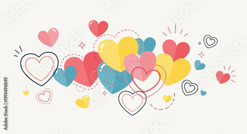 A delightful array of colorful hearts floating on a white background