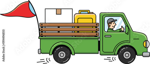 Cartoon delivery pickup truck with driver and cargo illustration, moving transport service concept, shipping vehicle vector, relocation logistics design scene