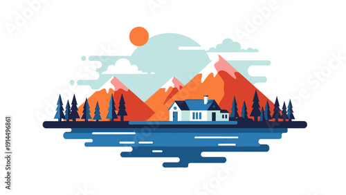 Scenic flat design illustration depicting a tranquil lakeside cabin amidst stylized mountains and pine trees, reflecting a serene landscape under a bright sky