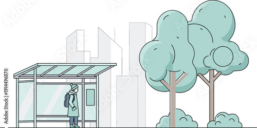 City bus stop illustration with passenger waiting at shelter, urban public transport concept, modern street scene vector design minimal style