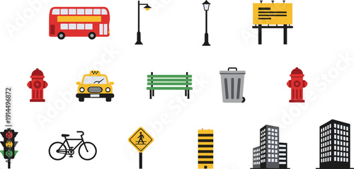 City urban elements icon set, street furniture transport symbols, traffic light bicycle taxi buildings vector illustration, modern public cityscape design collection