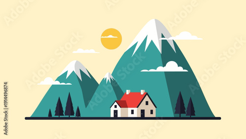 A tranquil mountain village with snow-capped peaks and a cozy house nestled amongst pine trees under a bright sun