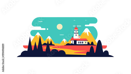 Flat design illustration of a village nestled in a valley with mountains and a blue sky, featuring a church with a bell tower