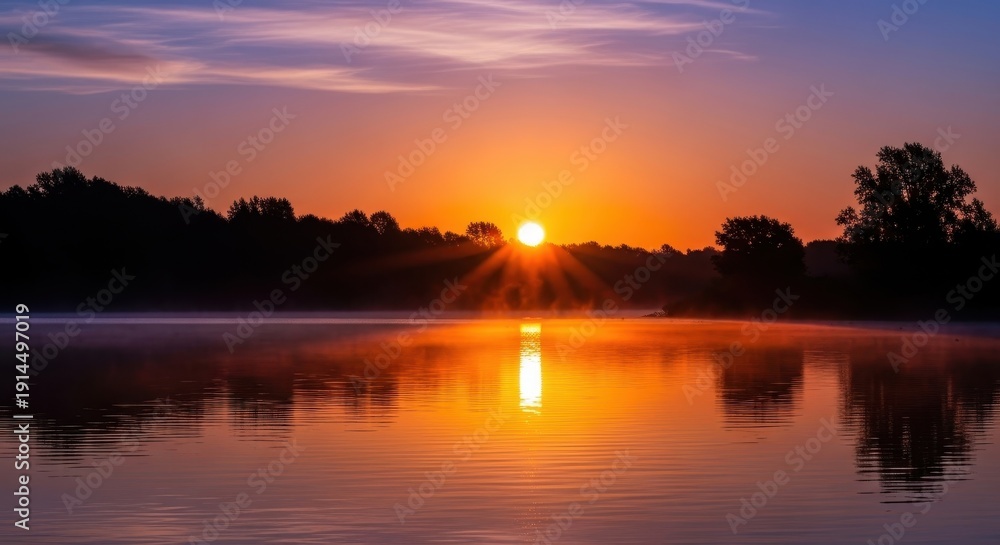 Obraz premium Golden Sunrise Reflection Over Serene Lake - A Tranquil Morning Landscape.