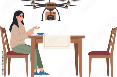 Drone delivery concept illustration, woman receiving package from flying quadcopter at home table, modern technology shipping service vector design scene